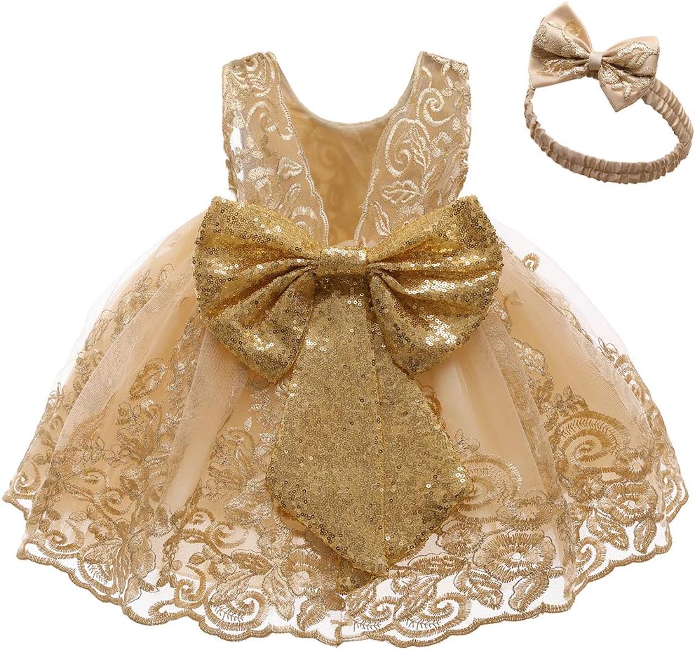 CMMCHAAH Baby Girls Pageant Lace Embroidery Dress with Headwear
