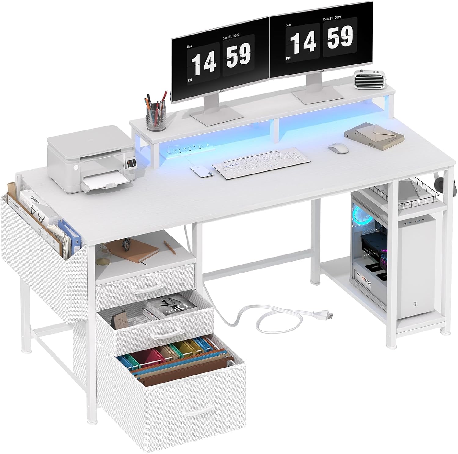 Lufeiya 55 White Desk with File Cabinet & LED Lights