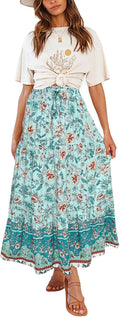 ZESICA Women's Bohemian Maxi Skirt with Floral Design and Pockets