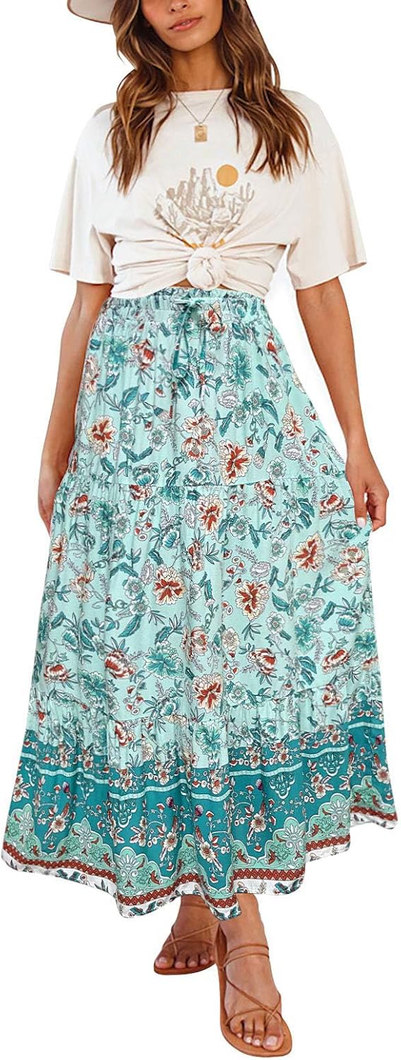 ZESICA Women's Bohemian Floral Printed Maxi Skirt with Pockets
