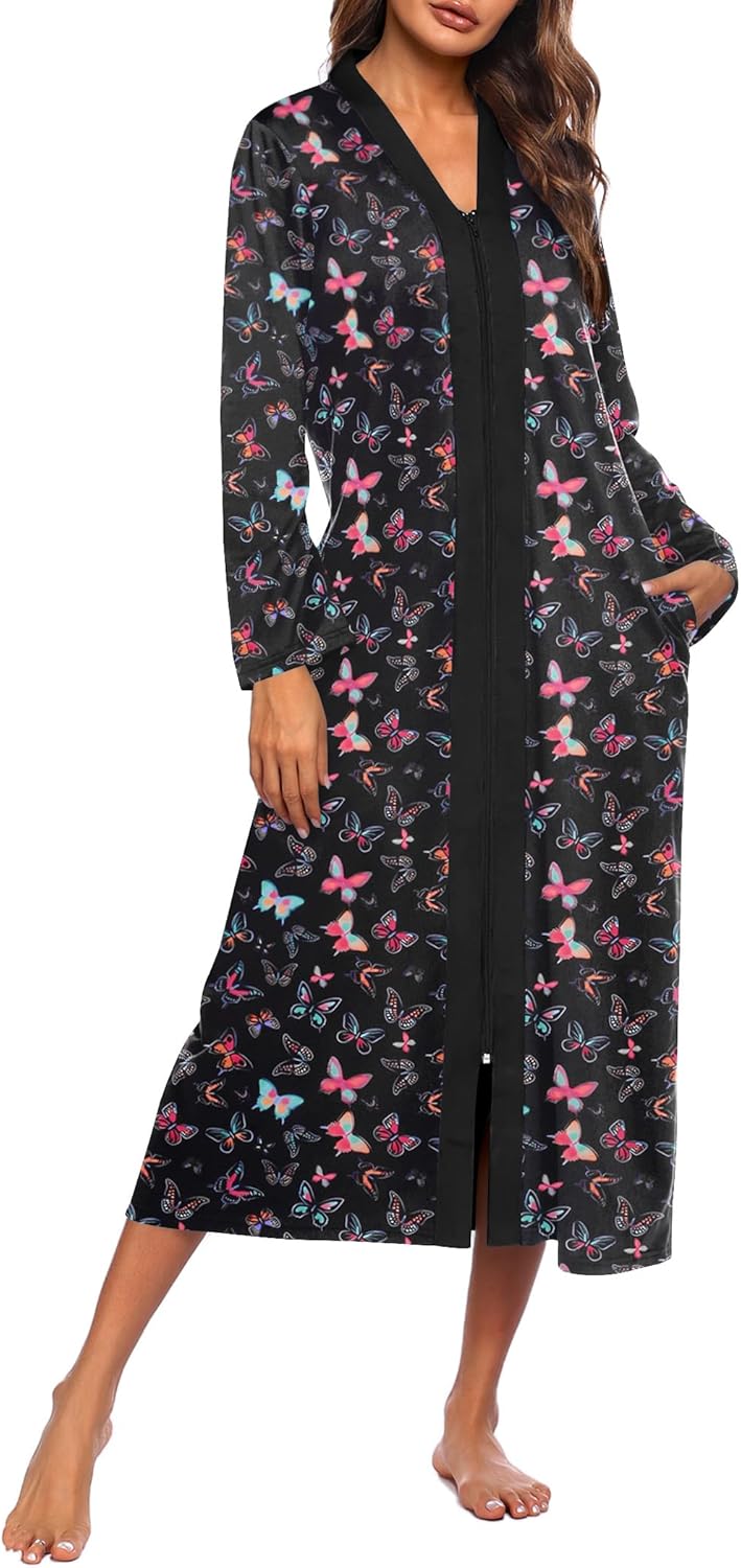 Ekouaer Women Zipper Robe Long Sleeve Loungewear with Pockets