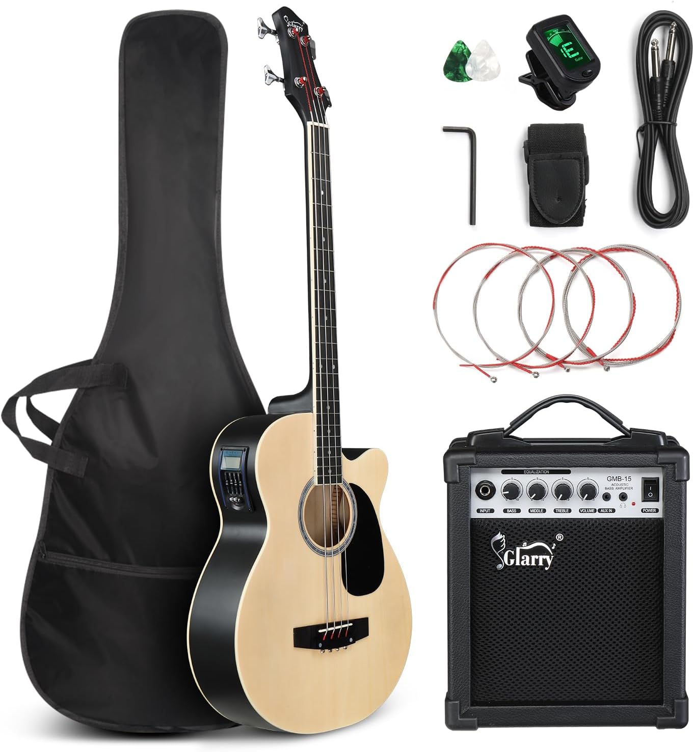 GLARRY Full Size Acoustic Electric Bass Guitar Beginner Kit