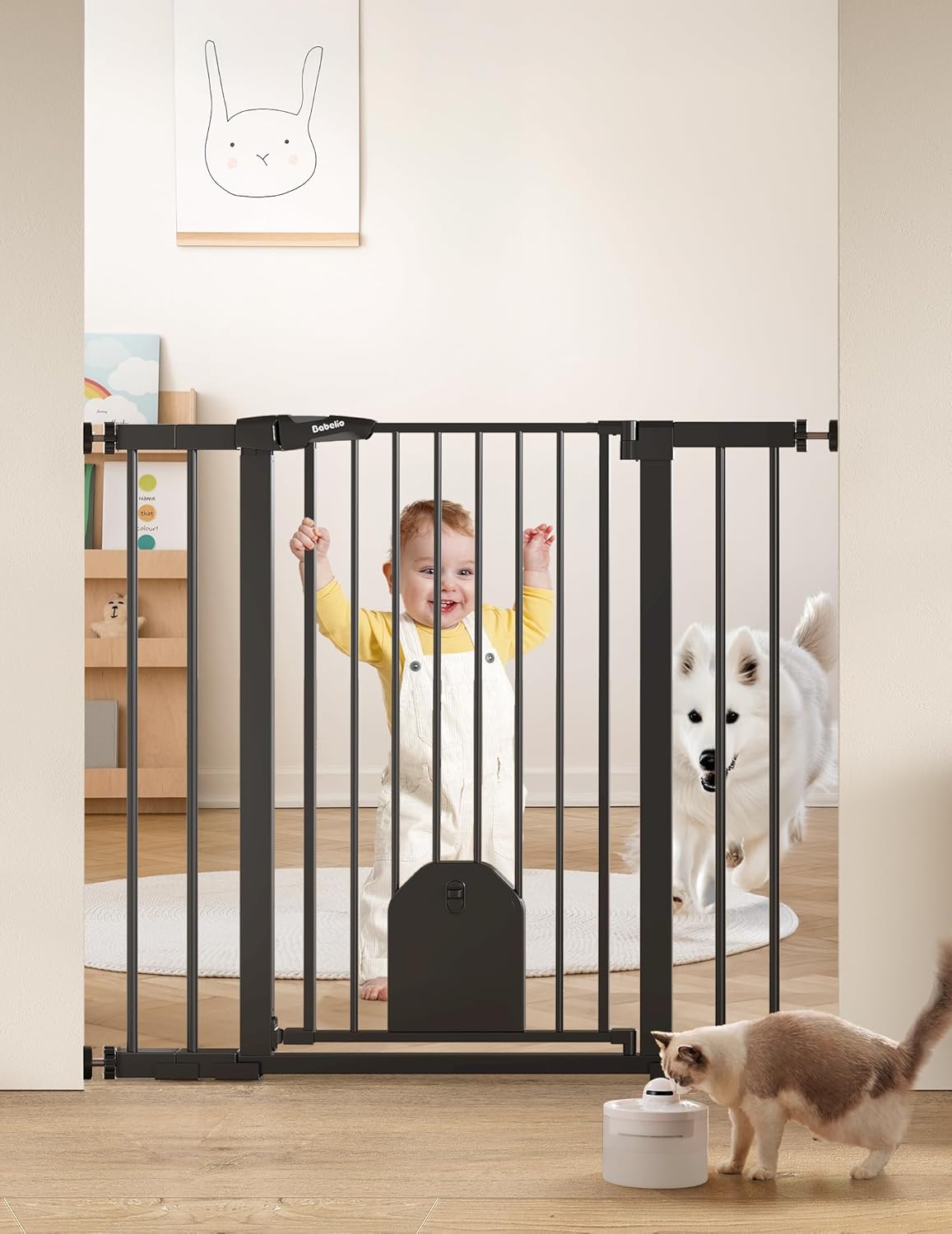 Babelio 36in Tall Auto Close Baby Gate with Cat Door for Safety