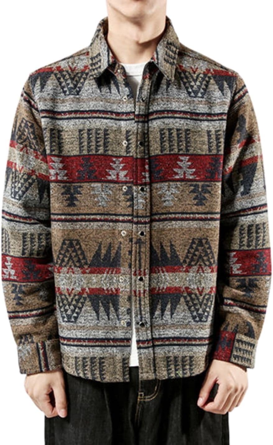 FindThy Mens Brushed Flannel Shirt Jacket with Ethnic Print