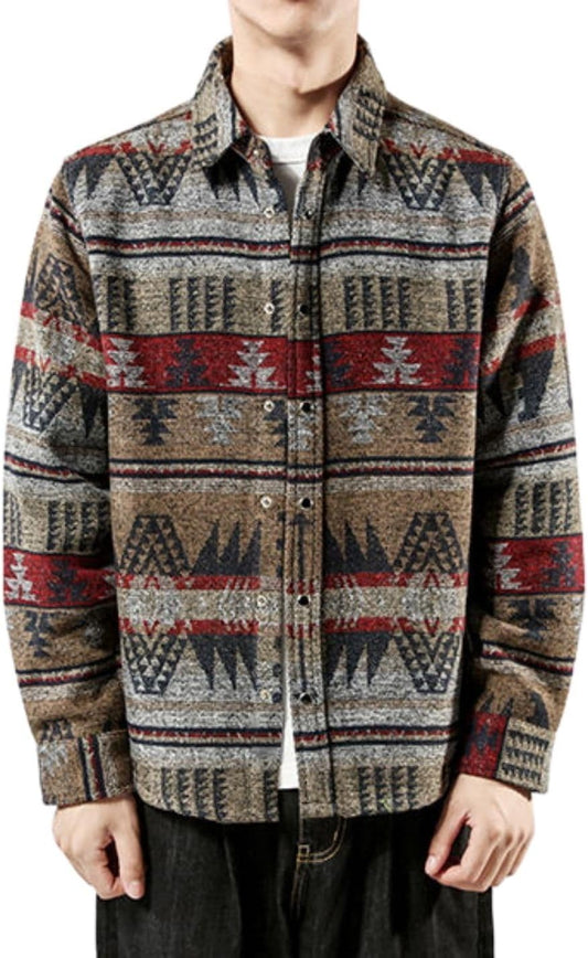 FindThy Mens Brushed Flannel Shirt Jacket with Ethnic Print