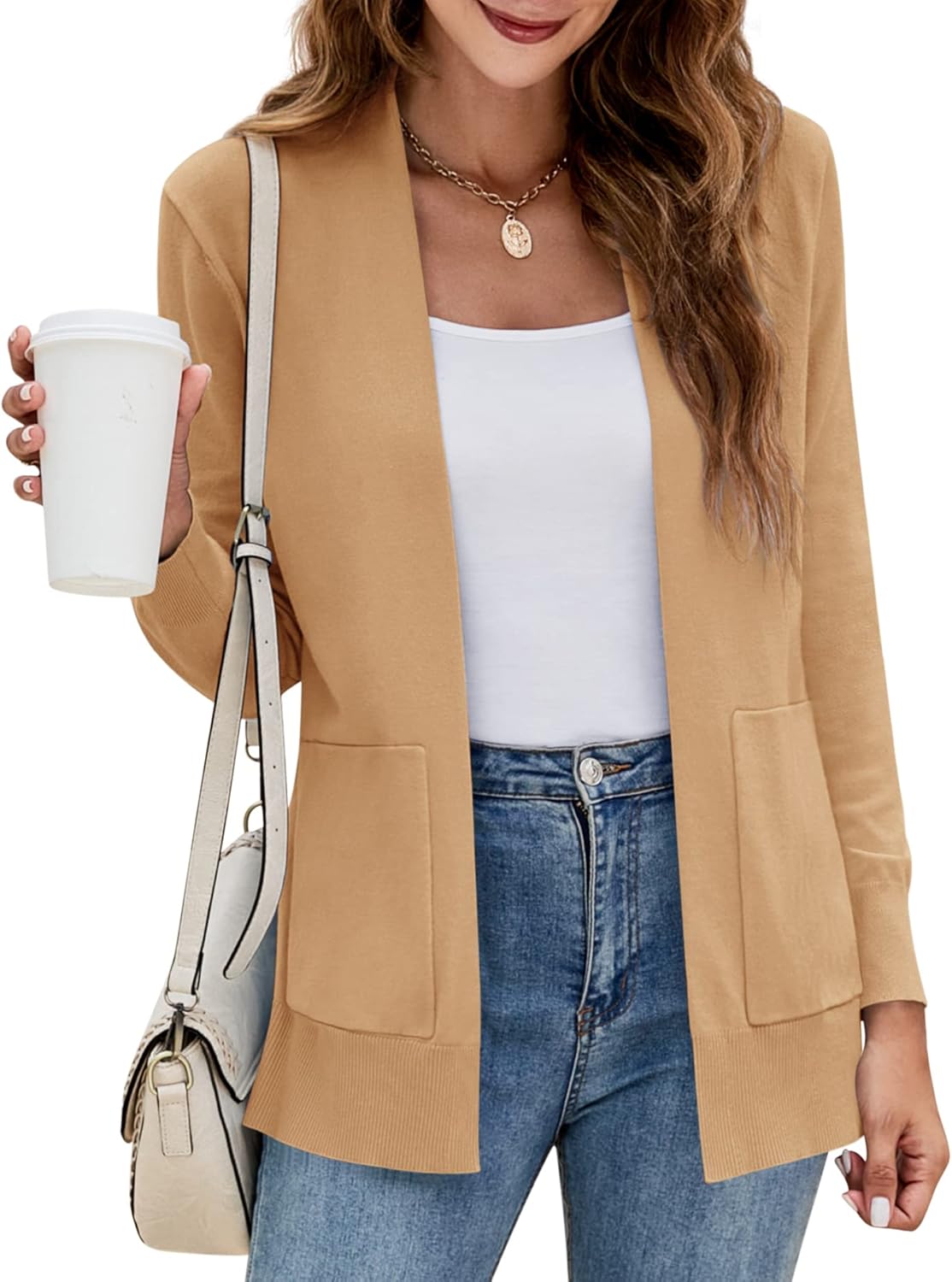 Yousify Womens Long Sleeve Open Front Cardigan Sweater with Pockets