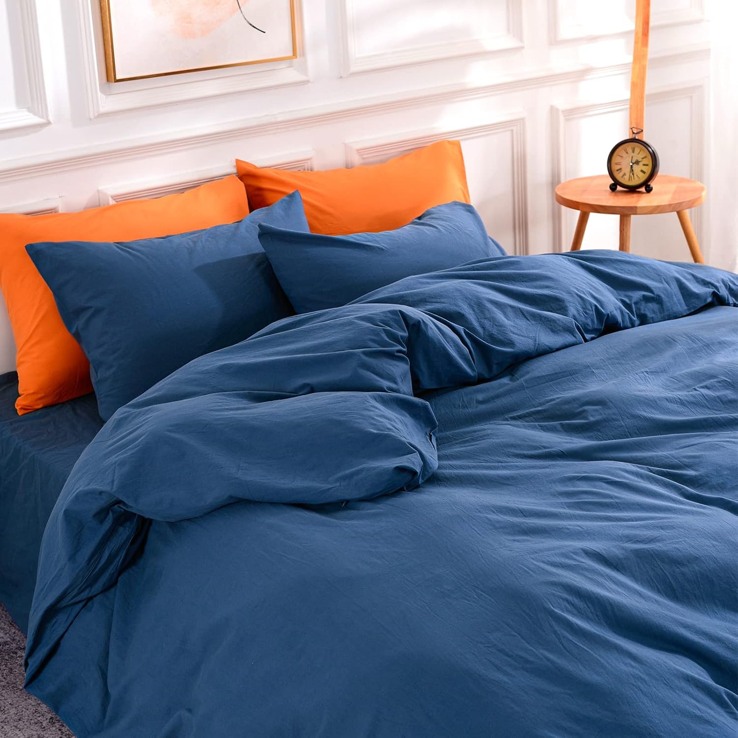 NEXHOME PRO 100% Washed Cotton Duvet Cover Set in Royal Navy