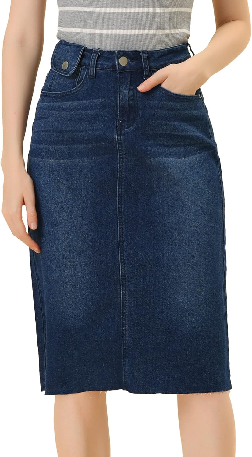Allegra K Women's Casual Jean Skirt High Waist Back Slit Style