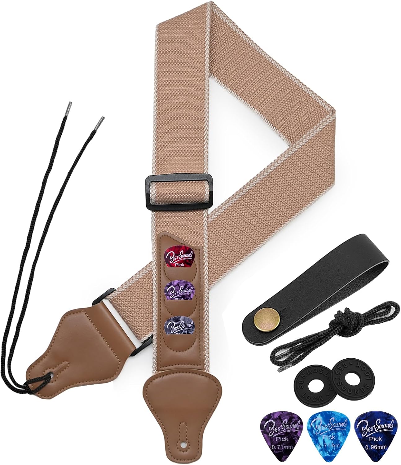Premium Guitar Strap with Leather Head & Pick Pockets