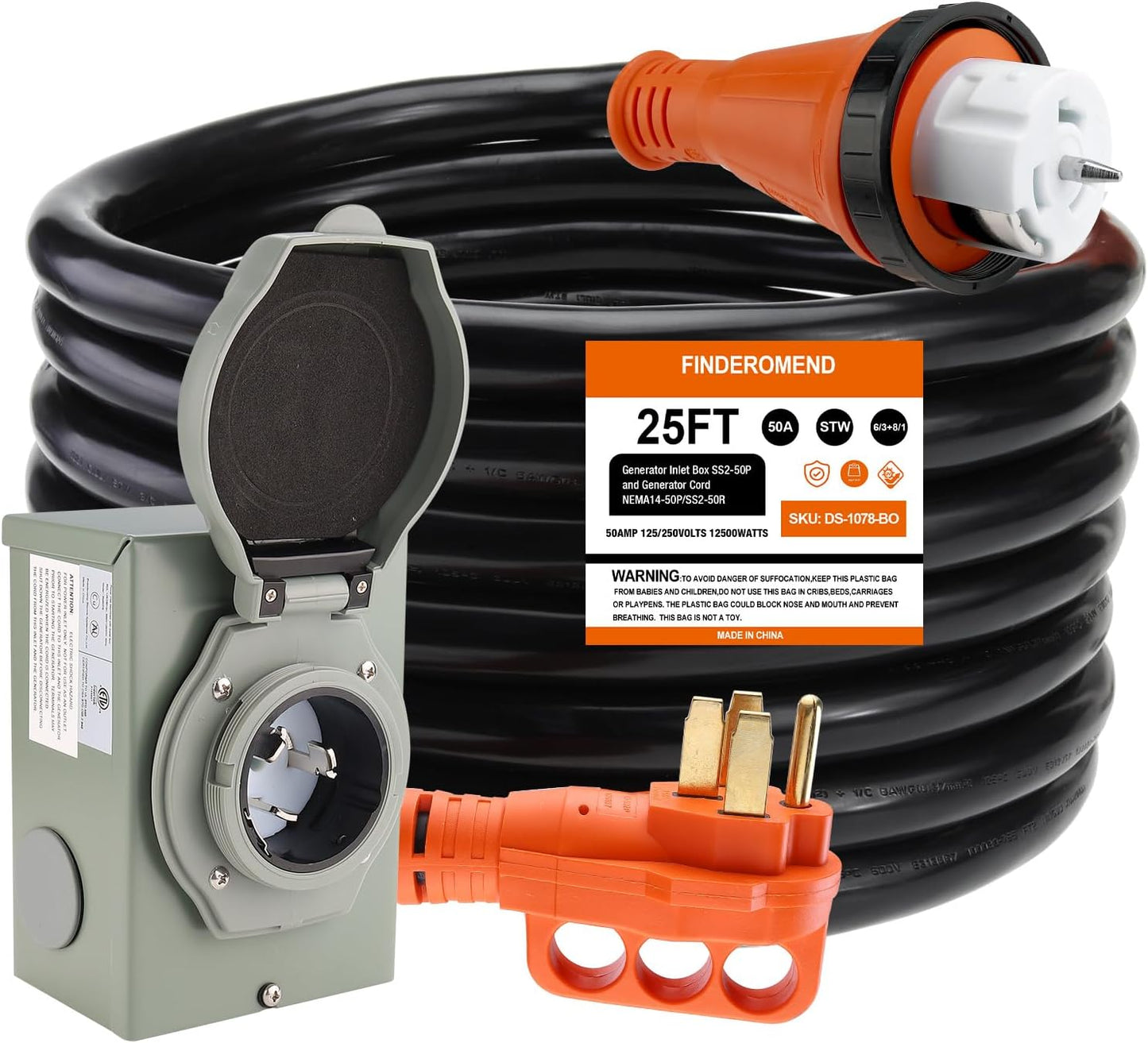 25 ft 50 Amp Generator Cord and Inlet Box Combo for RVs
