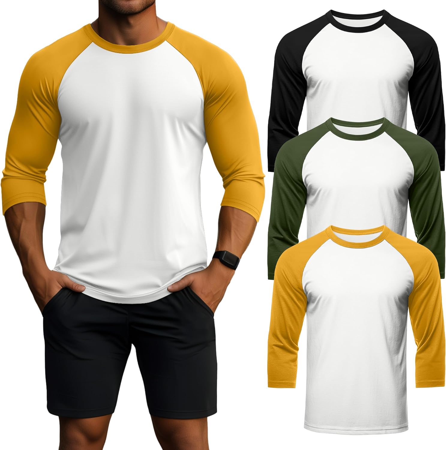 Men's 3/4 Sleeve Cotton Crew Neck Baseball T Shirts - 3 Pack