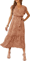 Women Floral Boho Maxi Dress Wrap V Neck - Flowy Summer Dress
