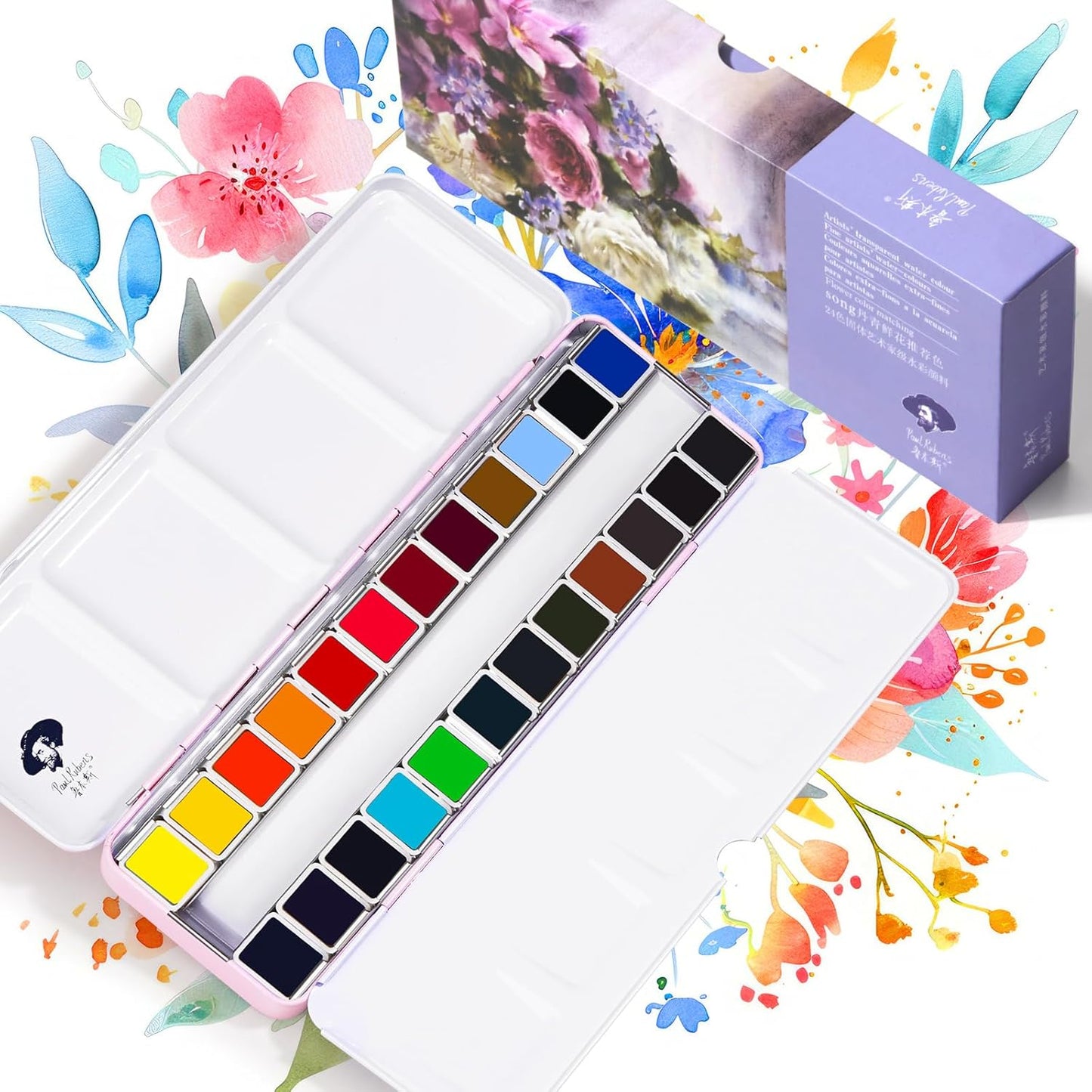 Paul Rubens Watercolor Paint Set with 24 Vivid Floral Colors