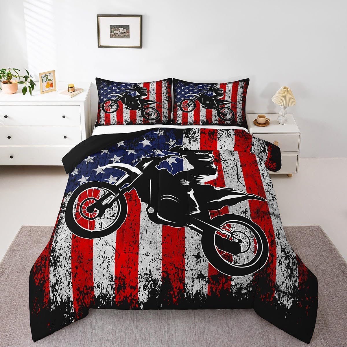 Dirt Bike Comforter Set Twin for Kids with American Flag Design