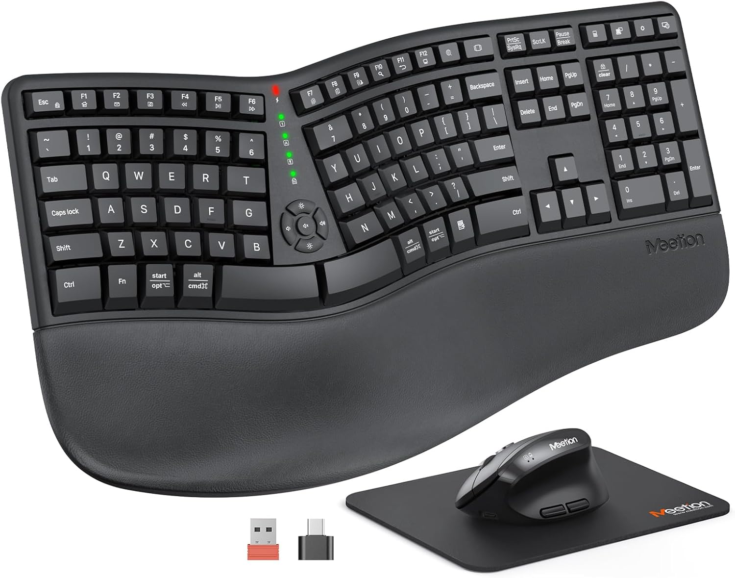MEETION Ergo Wireless Keyboard & Mouse, Natural Typing, Split Wrist Rest, Rechargeable, Full Size, Black