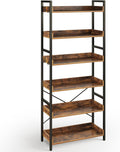 6-Tier Rustic Brown Bookshelf with 4 Hooks - Industrial Wood Rack