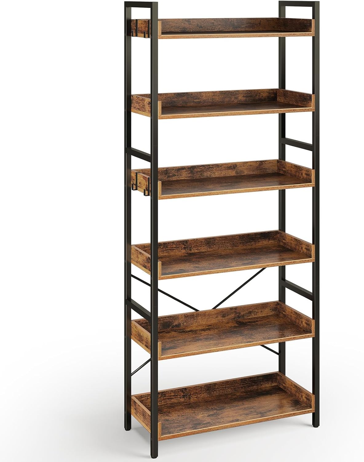 Rolanstar 6 Tier Industrial Wood Bookcase with Hooks for Storage