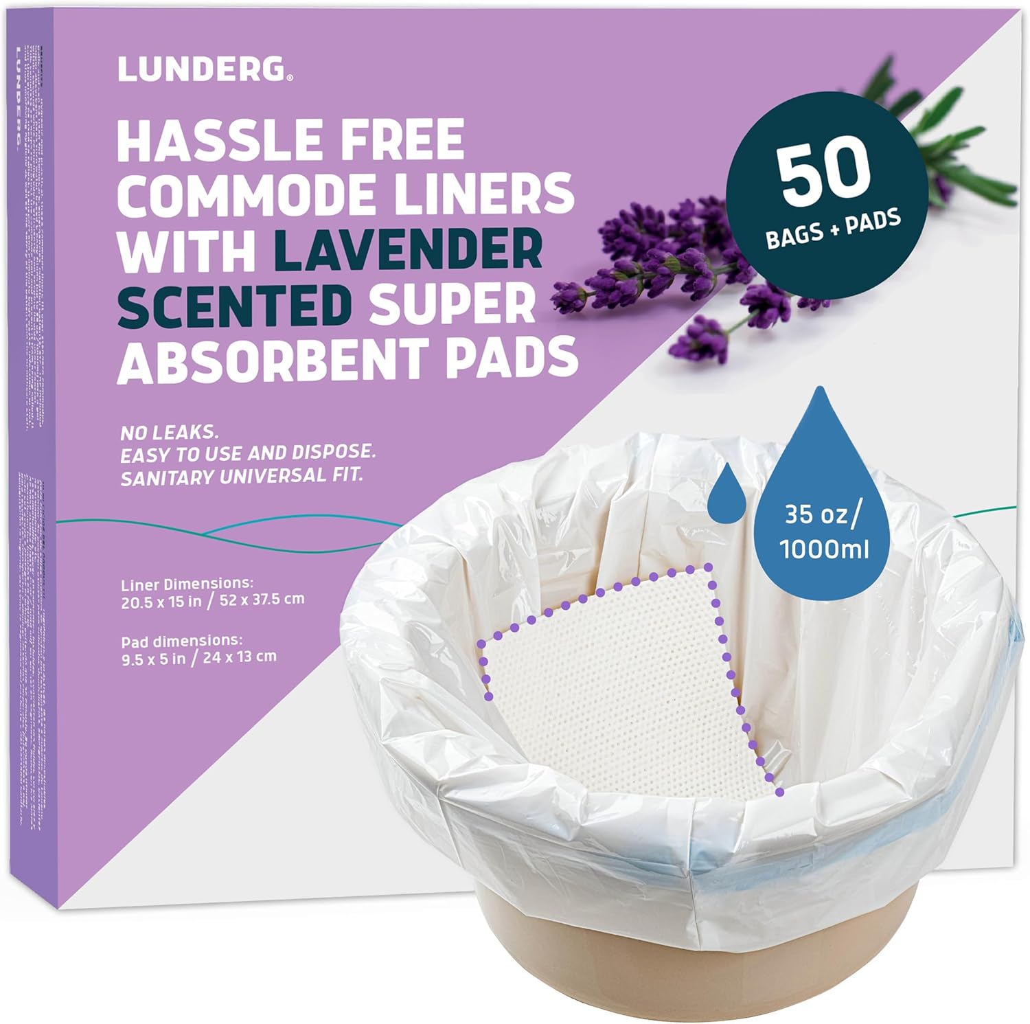 Lunderg Commode Liners with Absorbent Pads for Easy Cleanup