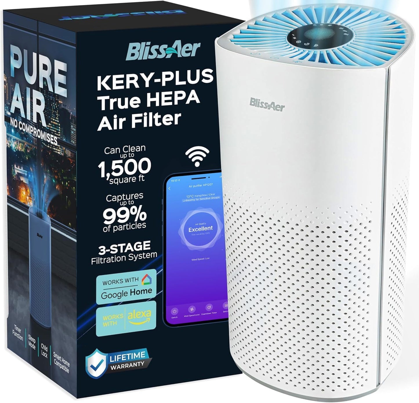 Smart WiFi True HEPA Air Purifier - Cleanse & Relax with BlissAer