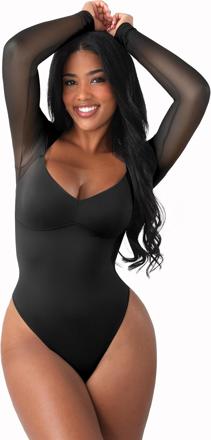 FeelinGirl Long Sleeve Bodysuit for Women - Sexy Mesh V Neck