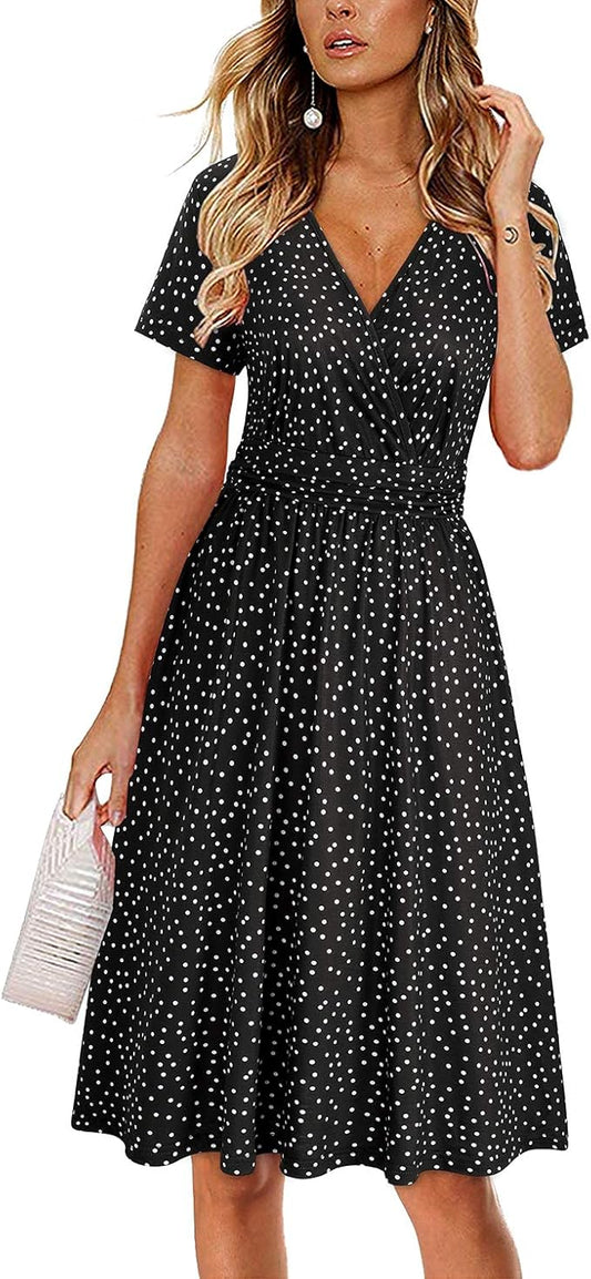 OUGES Women's Summer Short Sleeve V-Neck Floral Dress with Pockets