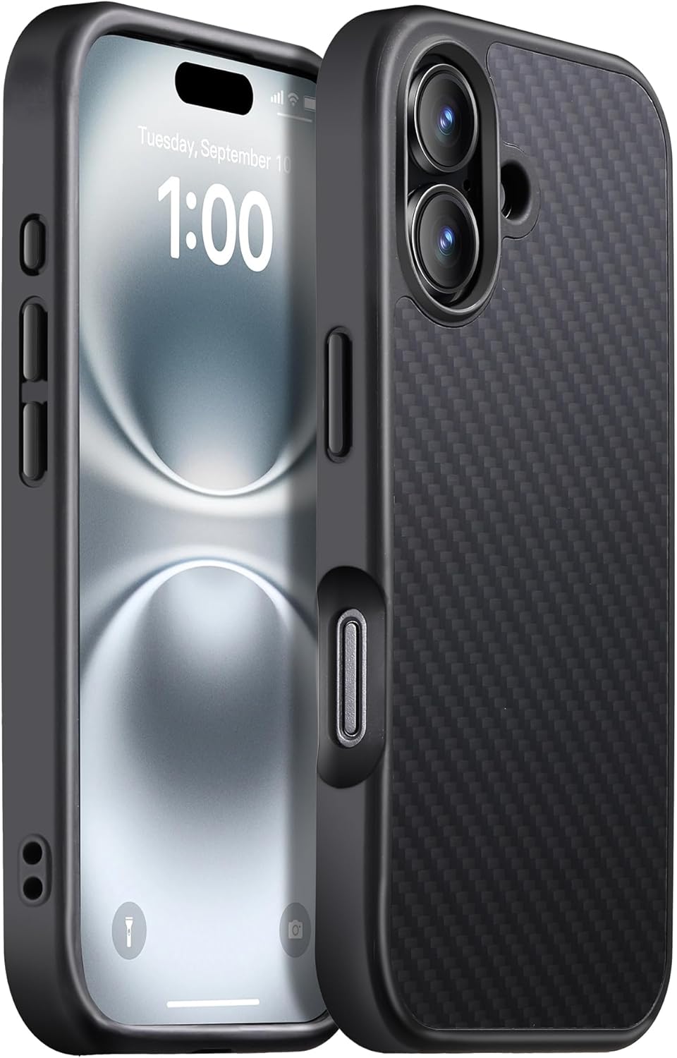 iPhone 16 Case Carbon Fiber Military-Grade Drop Cover Black/Grey