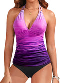 Women's Purple Gradient Tankini Swimsuit - Tummy Control Halter