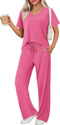 Ekouaer Womens Ribbed Knit Lounge Set Short Sleeve Top and Long