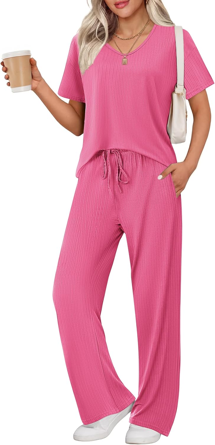 Ekouaer Womens Ribbed Knit Lounge Set for Cozy Sleepwear