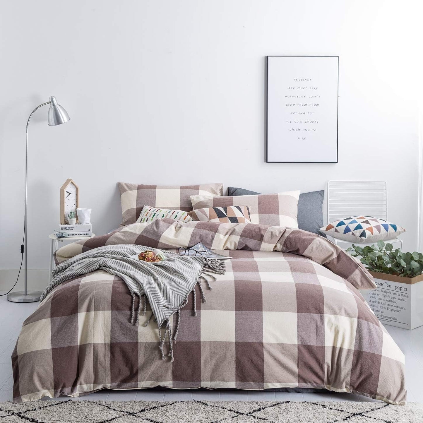 SUSYBAO 100% Washed Cotton King Checkered Duvet Cover Set