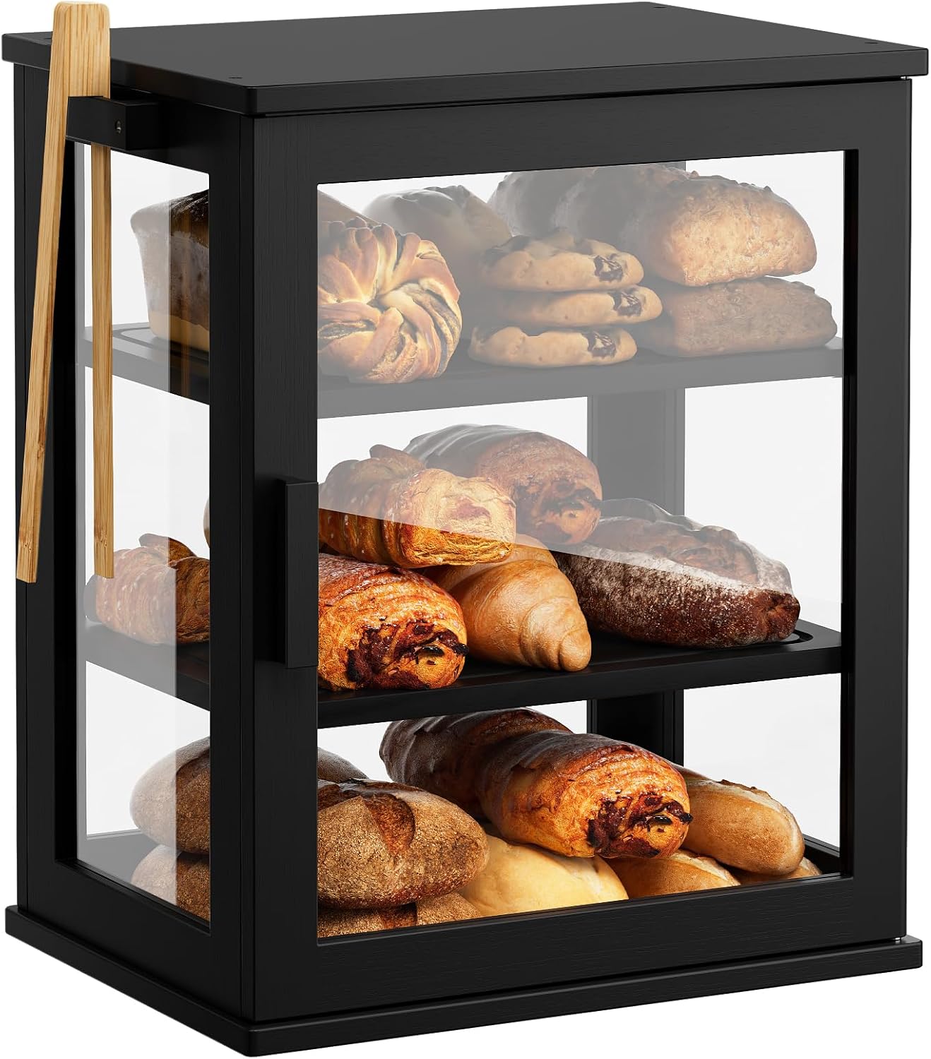 WOWLIVE Black Bread Box for Kitchen Countertop - Large 3 Layers