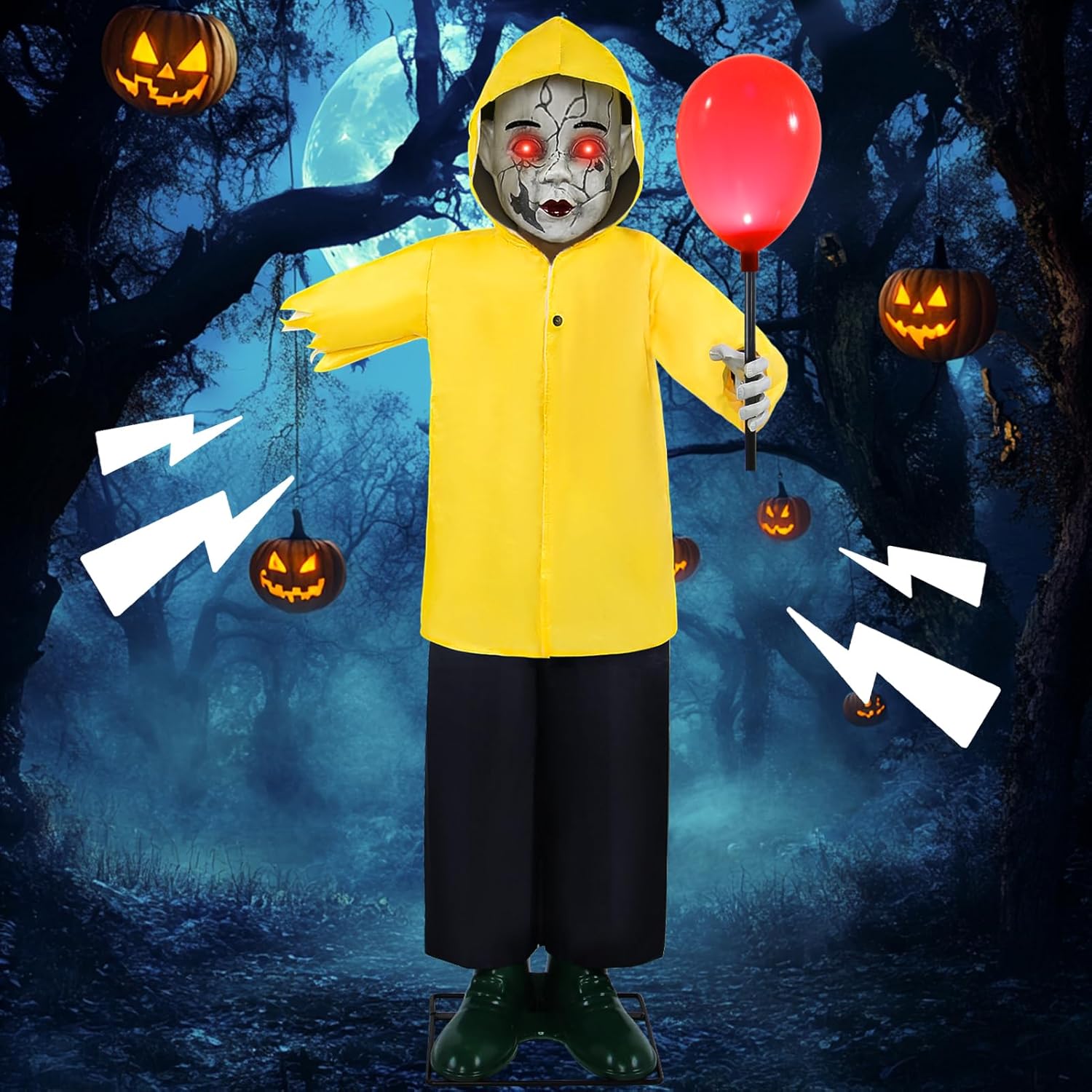 Creepy 4FT Halloween Animatronics Boy with Glowing Balloon