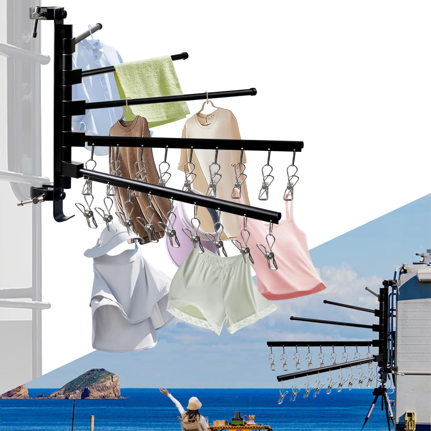 Upgrade RV Clothes Drying Rack with 5 Arms and 18 Clips