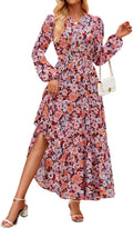 ZESICA Floral V Neck Long Sleeve Maxi Dress - Flowy Boho Tiered