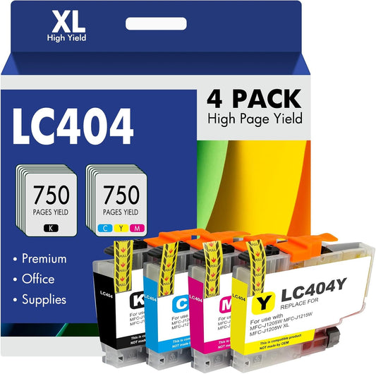 High Yield LC404 Ink Cartridges for Brother Printers - 4 Pack