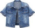 Omoone Women's Short Sleeve Crop Denim Trucker Jacket - Lightweight