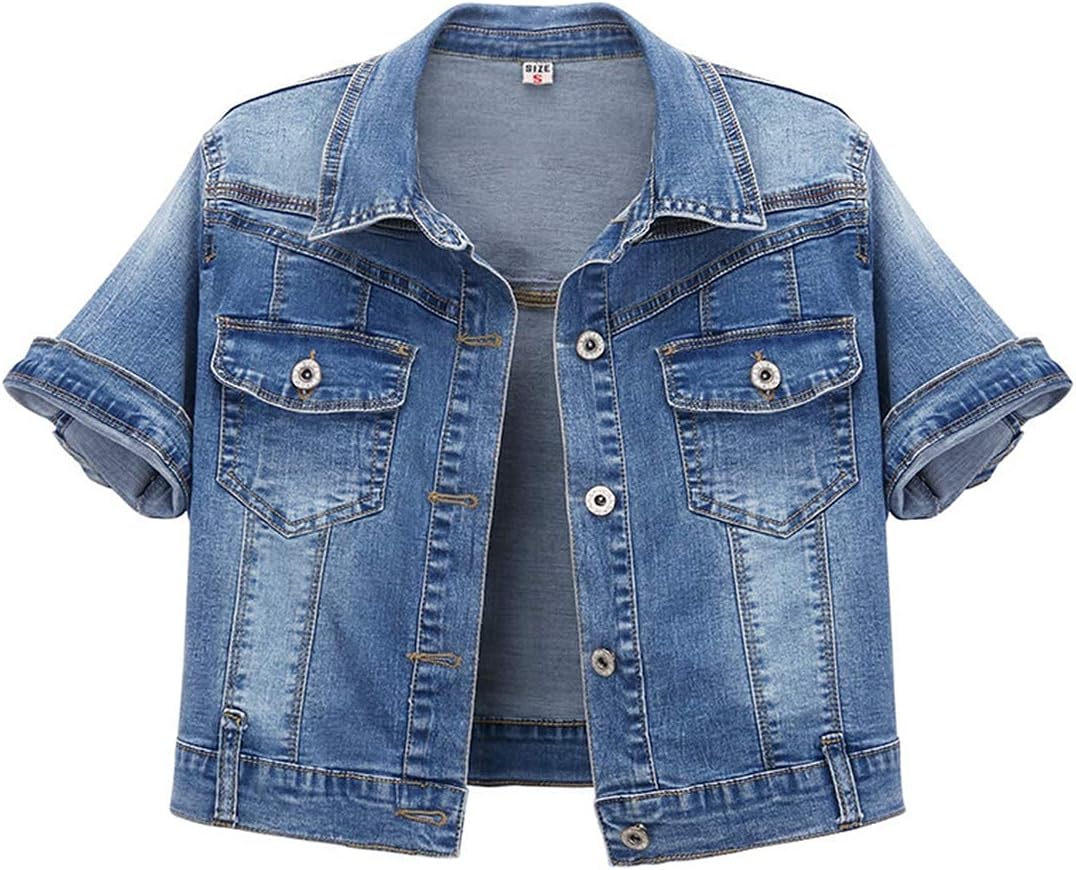Omoone Women's Summer Short Sleeve Crop Denim Trucker Jacket