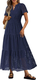 PRETTYGARDEN Womens 2025 Summer Maxi Dress - Flowy Eyelet V Neck