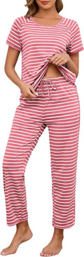 Womens Pajama Sets Cotton 2 Piece Lounge Set Stripe Short Sleeve PJ Do