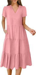 Women's Summer Casual V Neck Midi Dress - Loose Fit Tiered Tee