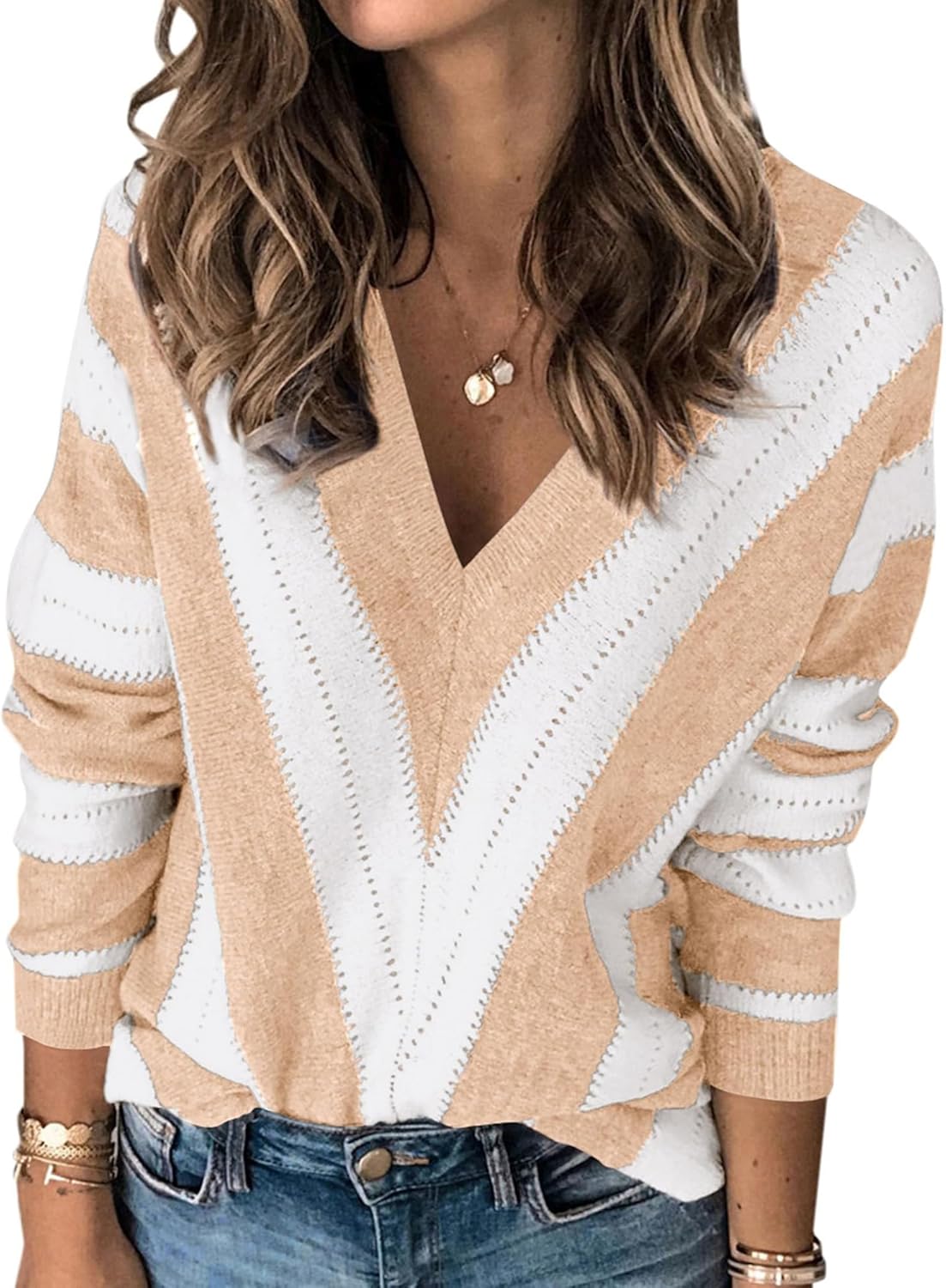 PRETTYGARDEN Long Sleeve Striped Knitted V Neck Pullover Sweater