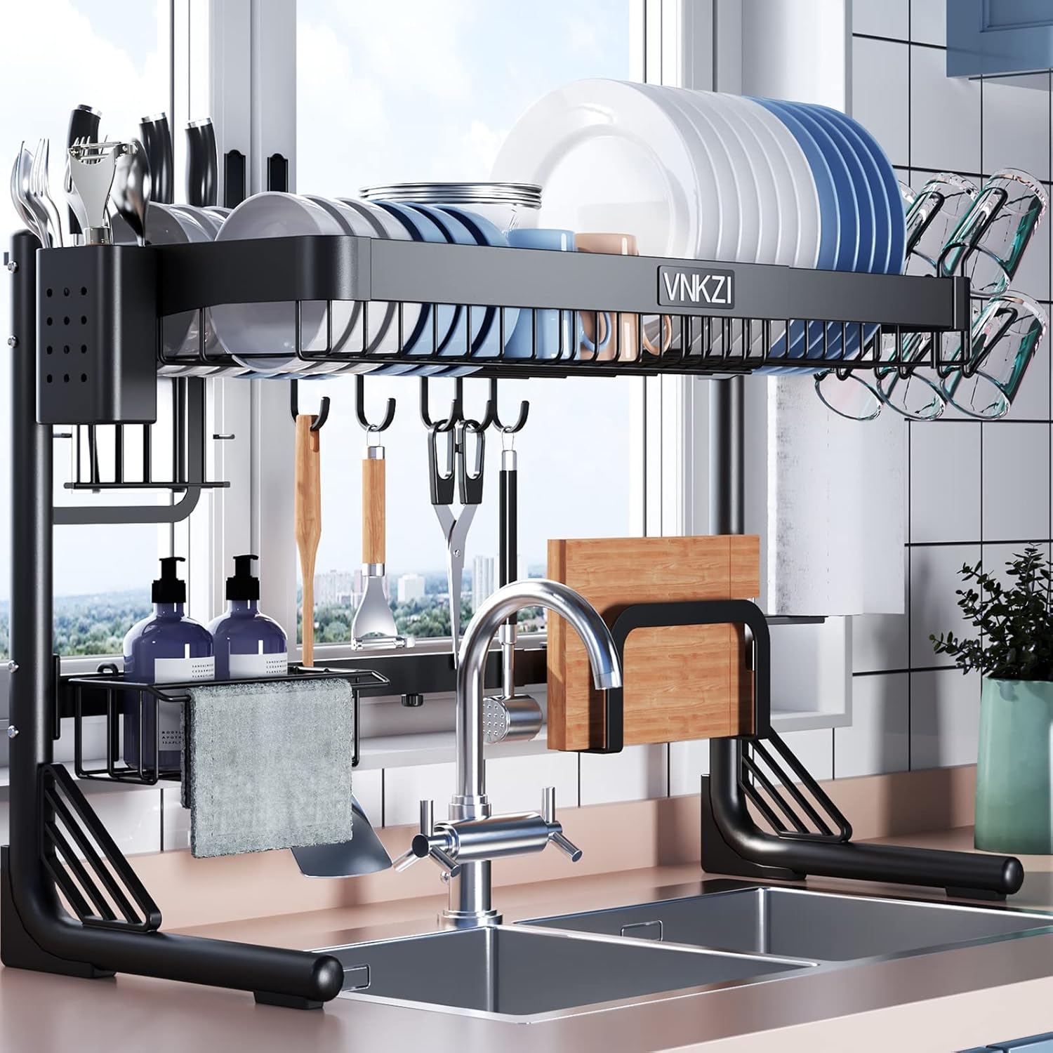 VNKZI Over Sink Dish Drying Rack: Adjustable Stainless Steel Organizer