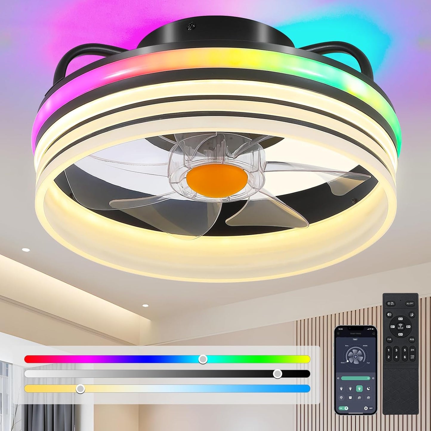 Flush Mount Ceiling Fan with RGB Light for Kids Room and Parties