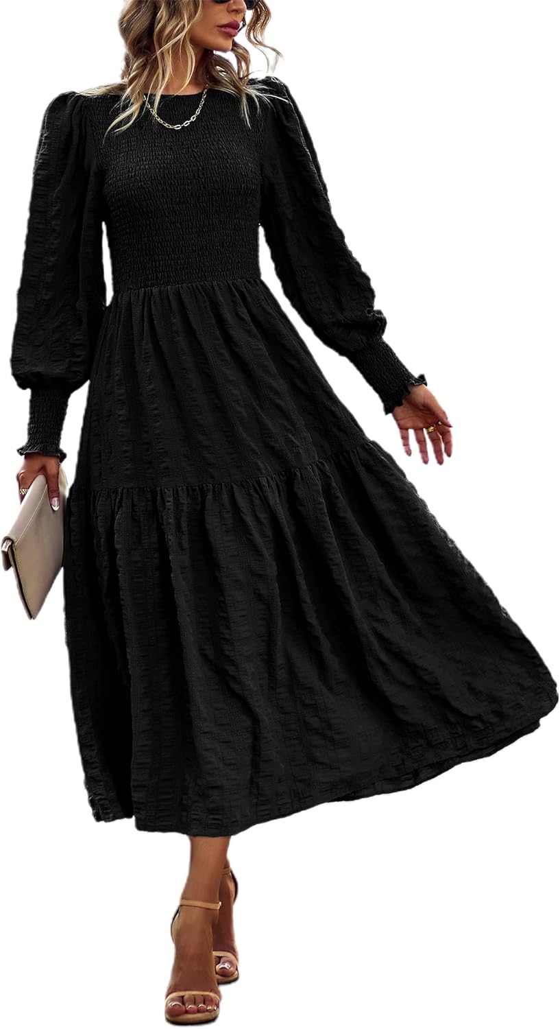 PRETTYGARDEN Women Puff Long Sleeve Smocked Maxi Dress 2025