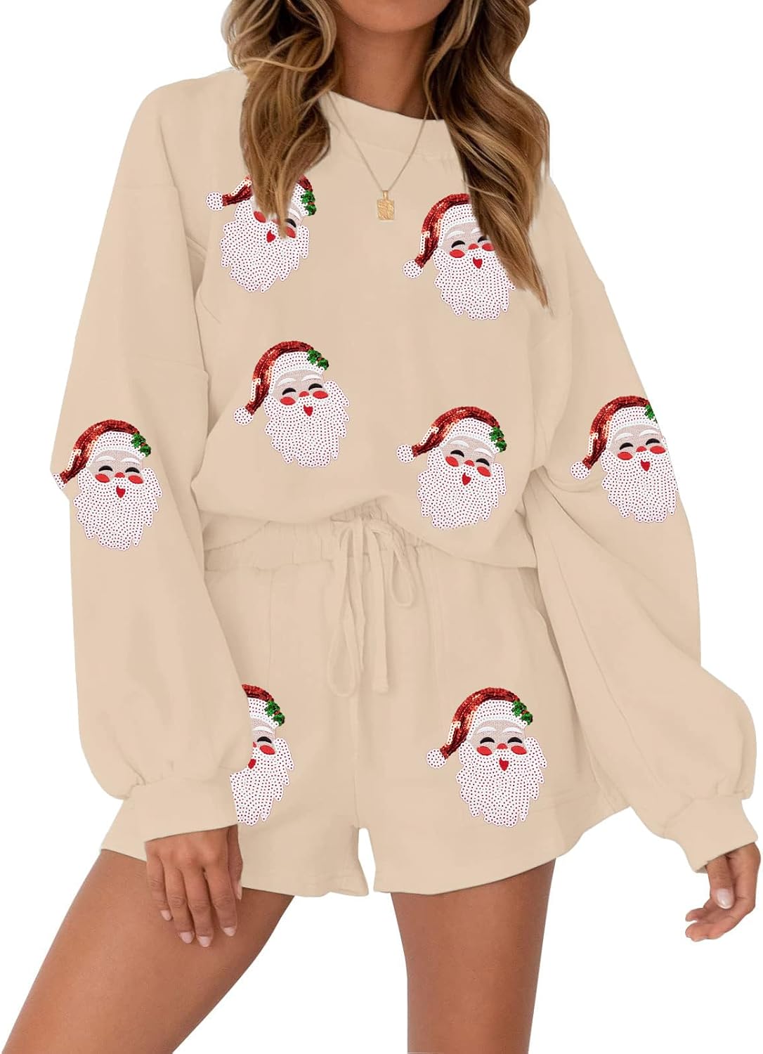 VILOVE Christmas Sweat Shorts Set for Women - Festive Comfort