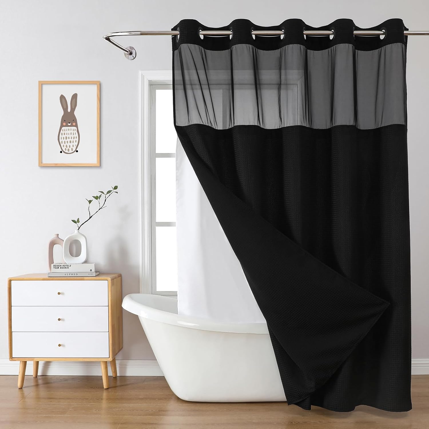 Black No Hook Waffle Weave Shower Curtain for Modern Bathrooms