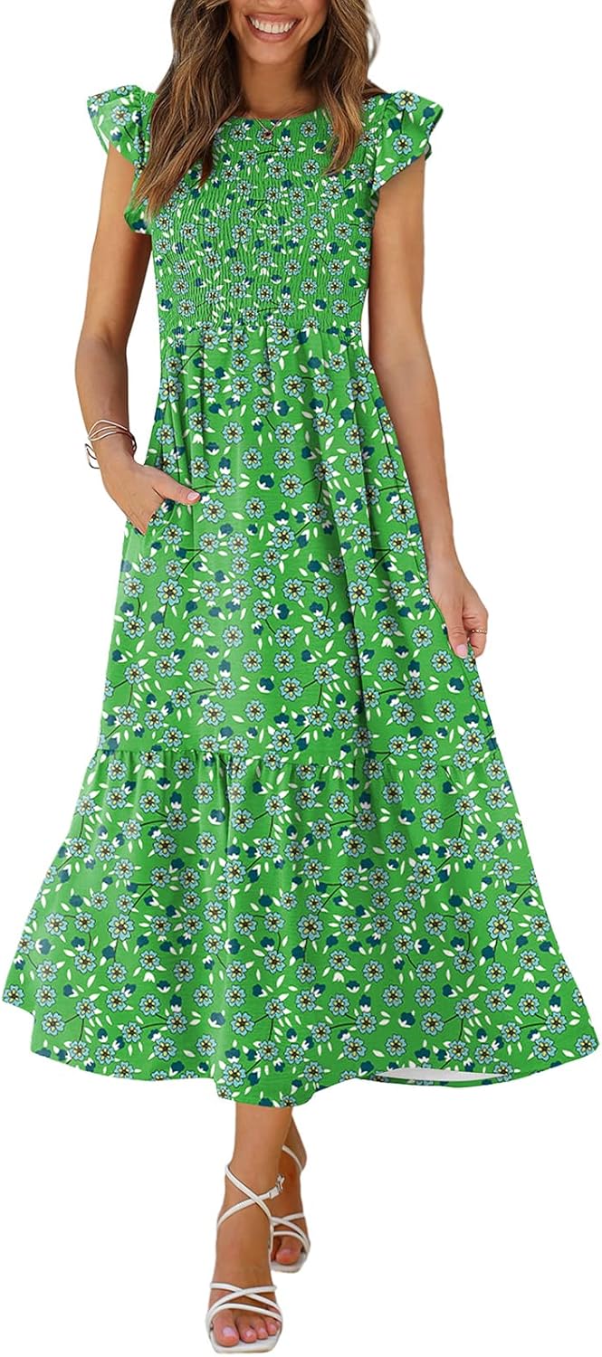 OFEEFAN Women's Casual Maxi Dresses with Pockets and Ruffles