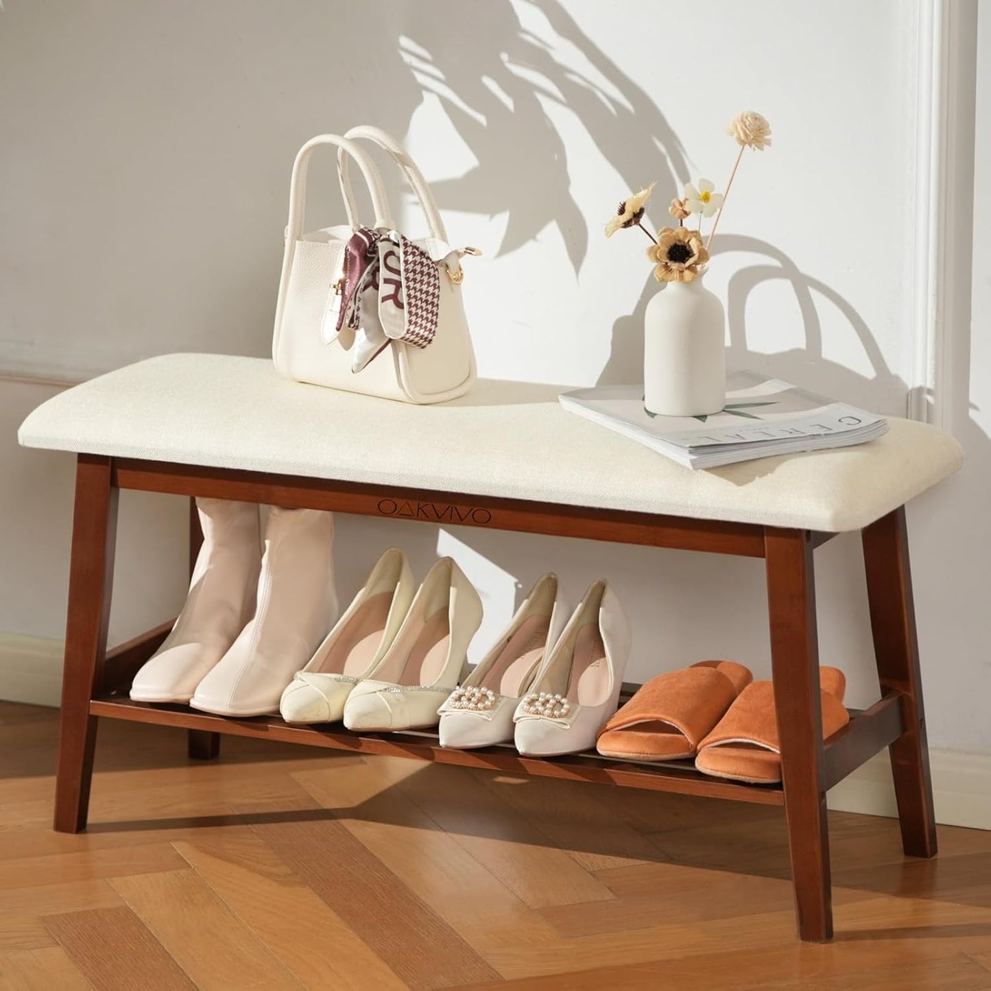 Entryway Shoe Bench with Cushion and 2-Tier Storage Rack