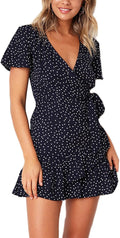 Relipop Summer Women V Neck Short Sleeve Print Dress - Casual Mini