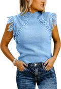 Sleeveless Sweater Vest Mock Neck Cable Knit Fringe - Cozy Stylish